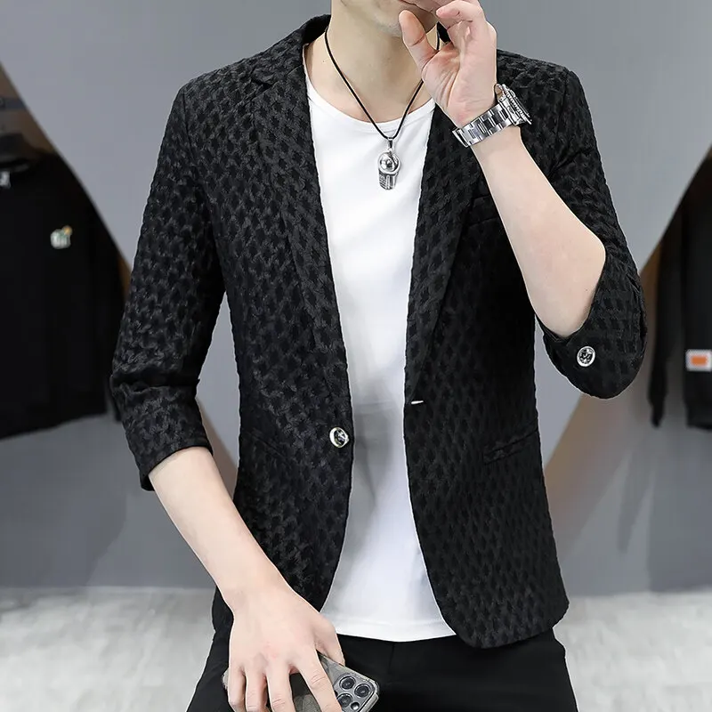 Abiti sottili primavera estate da uomo casual scozzesi Giacca slim fit coreana Top a maniche corte Abito piccolo Cappotti con bottone singolo Abbigliamento