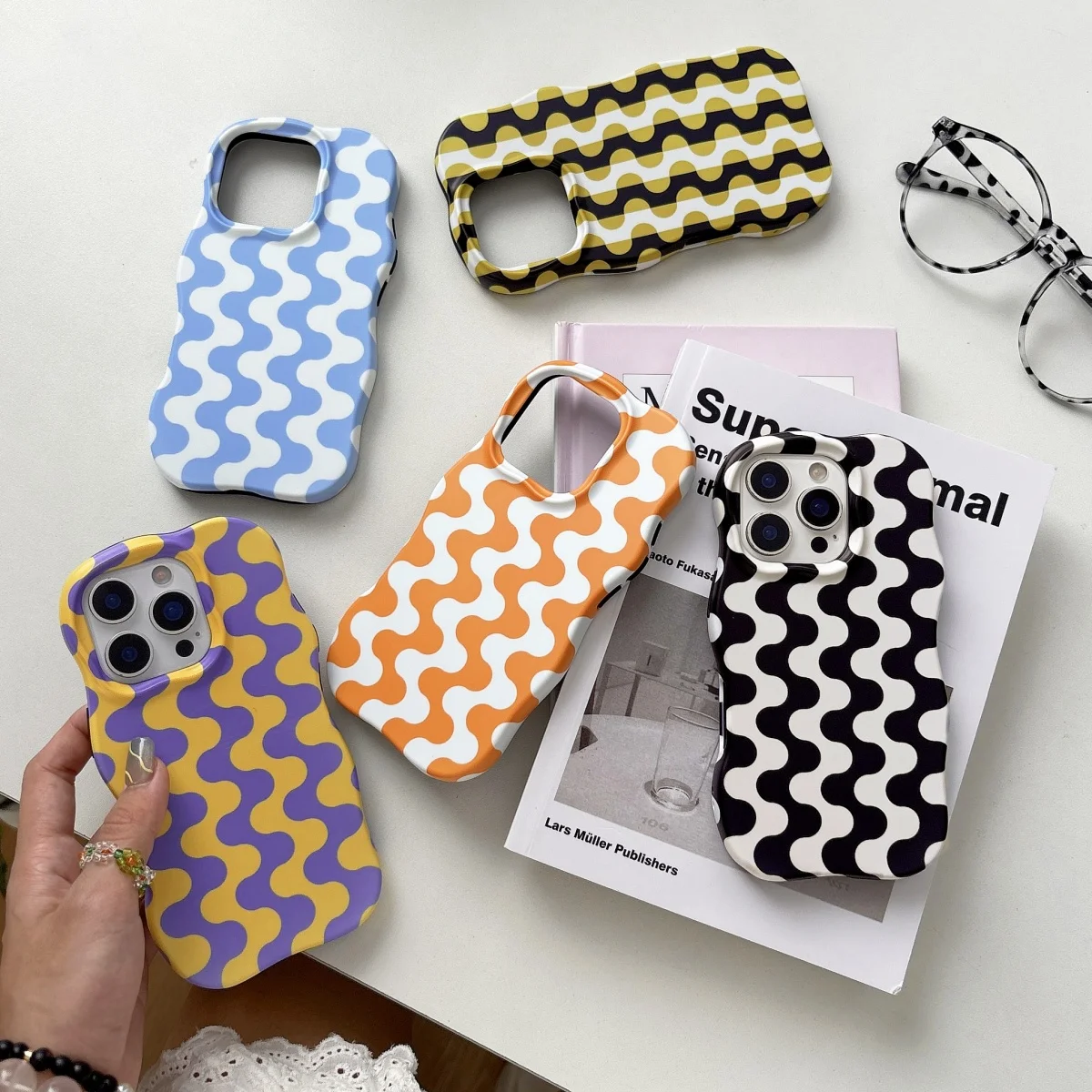 Korea Color Blocked Wavy Stripes Frosted Phone Case For iPhone 17 Air 16 15 14 13 Pro Max 2-in-1 Film Shockproof Hit Color Cover