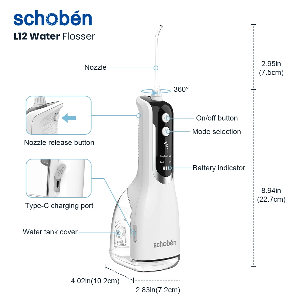 Schoben Oral Irrigator Portable IPX7 Waterproof Rechargeable 5 Modes Dental Water Flosser Teeth Cleaner 330ML Dental Water Jet