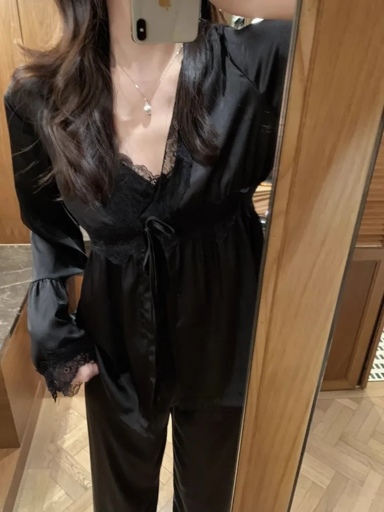 Sexy Ice Silk Strap Home Clothes Women's Sleepwear Adjustable Shoulder Long Sleeve Short Skirt V-neck Home Comfortable Spring...