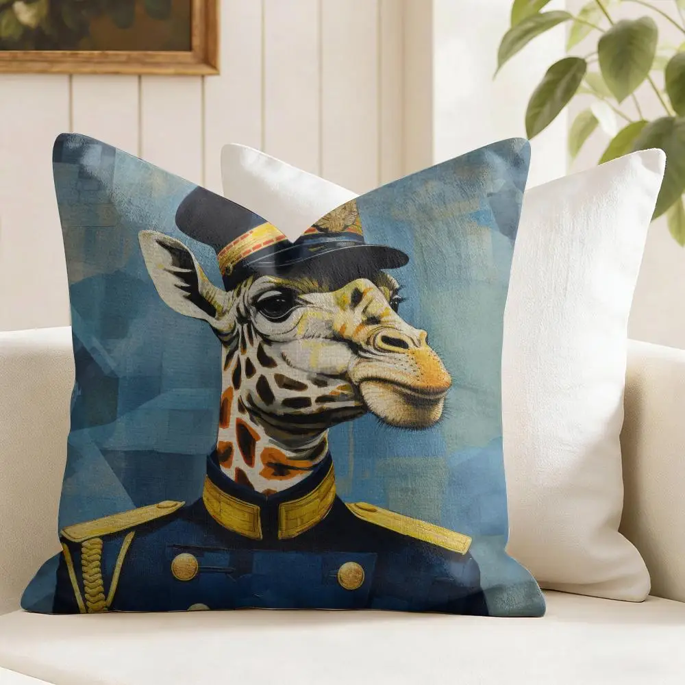 Retro Dressed Up Giraffe Cushion Cover Eco Linen Pillow Case Double-Sided Print Breathable Durable Zipper Home Decor Gift