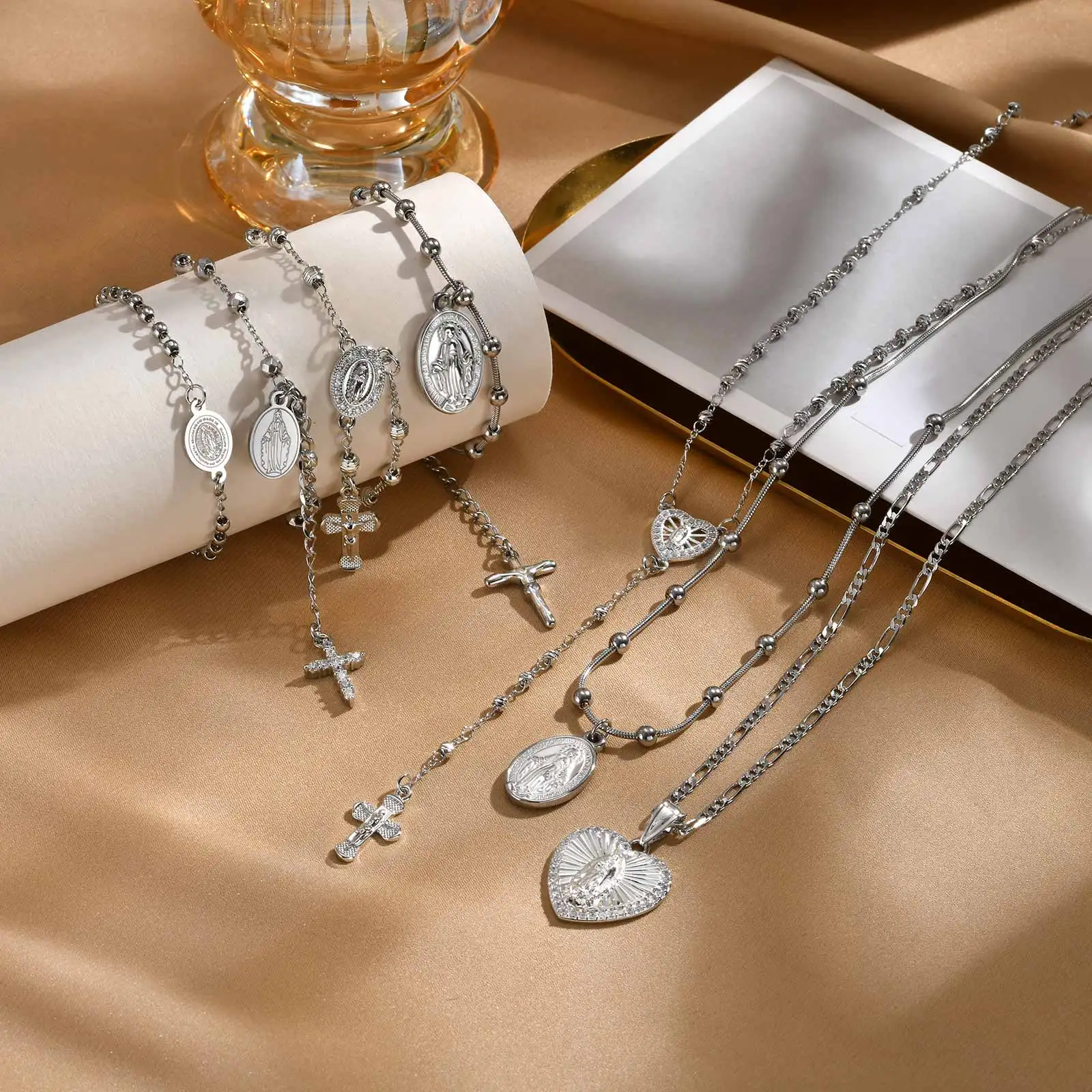 Silver Color Virgin Mary Bracelet Necklaces for Women Sparkling Rosary Chain Charms Jewelry Easter Gift To Godmother
