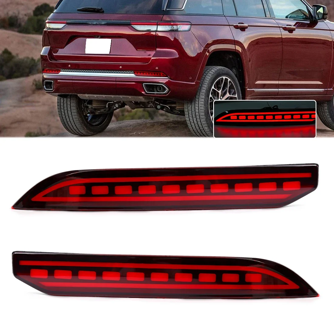 For Jeep Grand Cherokee 2021 2022 2023 2024 Car LED Rear Bumper Reflector Lights Rear Sequential Turn Signal Brake Lamps 12V