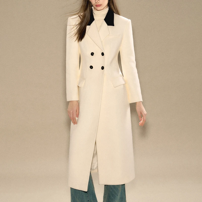 High-Quality White Slim Fit Wool Women's Coat - Modern Minimalist Double Breasted Design