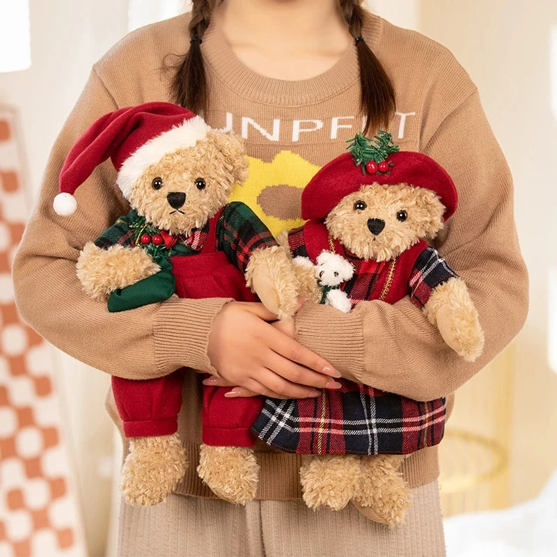 A pair mini Cute Couple Teddy Bear With Santa hat Plush Toys Stuffed Dolls Toy Kids Girls Children Birthday Merry Christmas Gift