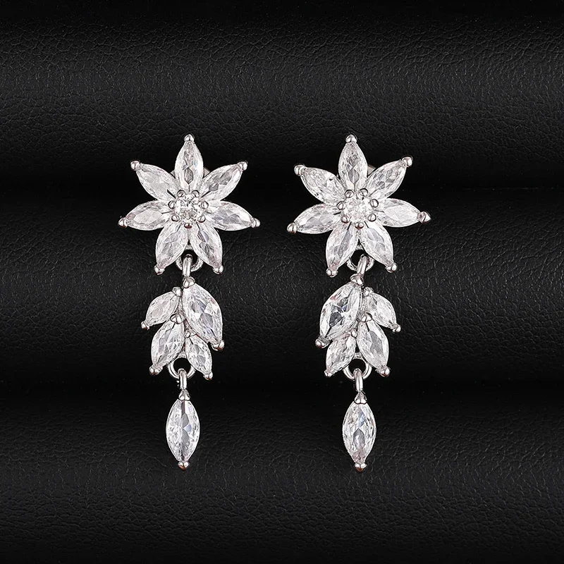 Huitan Sparkling Cubic Zirconia Dangle Earrings Women Aesthetic Flower Design Luxury Bridal Wedding Earrings New Fashion Jewelry