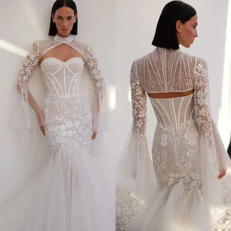 Mermaid Wedding Dress Long Sleeve High-Neck Bridal Gowns For Bride Prom Dress Illusion Tulle 3D Flower Lace Beads Customized