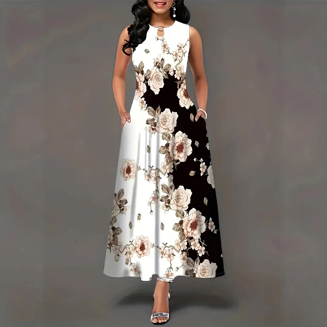 Großes, neues Sommerkleid mit Rosenmuster, ärmellos, langer Rock, Rundhalsausschnitt und ausgehöhlten Designtaschen, locker und figurschmeichelnd. – Detail 4