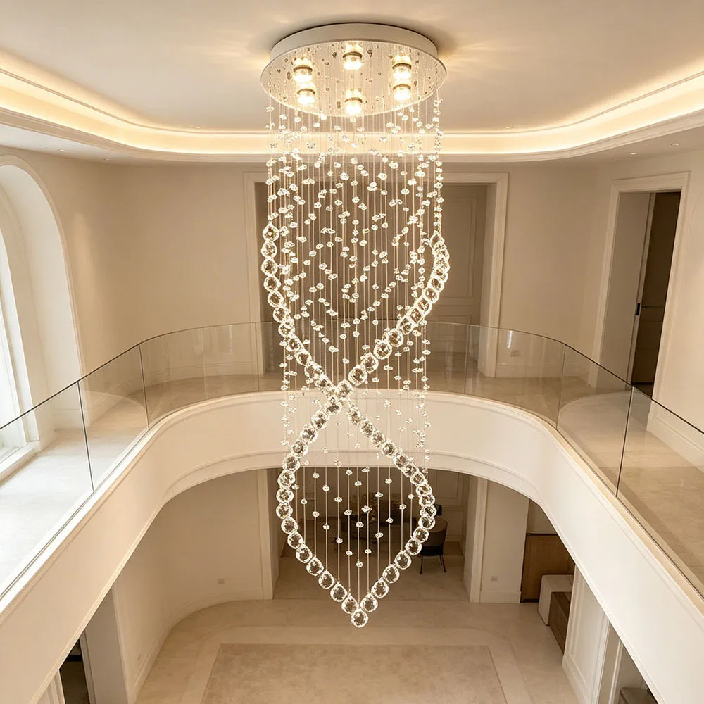 Luxury Vertical Twist Crystal Ceiling Lamp Adjustable Height Hanging Light For Two Story Hall Hotel Lobby