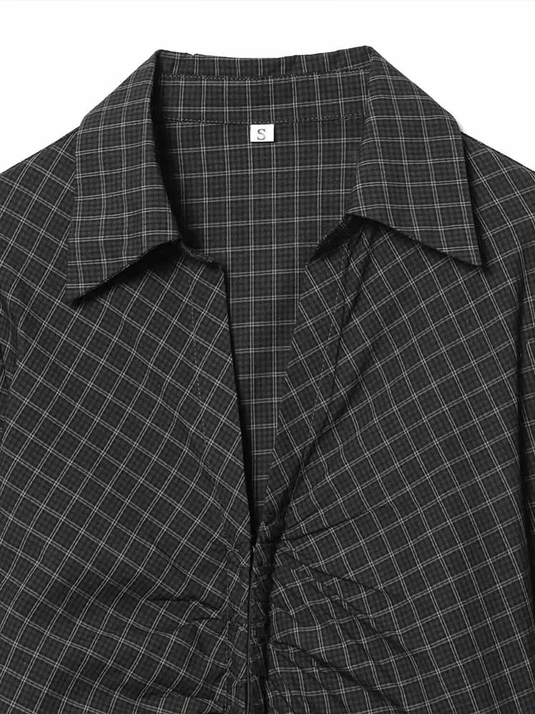 유럽과 미국 스타일의 새로운 겨울 패션 여성 의류, 주름 디자인, 캐주얼하고 슬림핏 체크무늬 탑/셔츠.