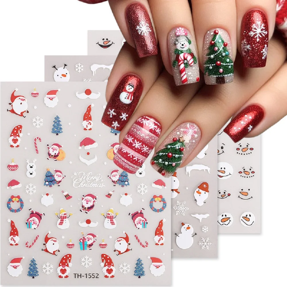 

10 Sheets Christmas Nail Art Stickers 3D Self Adhesive Nails Decals for Women DIY Decorations Multi Colour Pattern