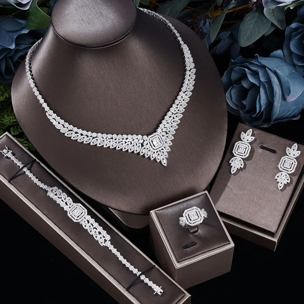 

Luxury 4-piece Dubai Nigerian Wedding Bridal Jewelry Set White Cubic Zirconia Classic Necklace and Earrings Accessories