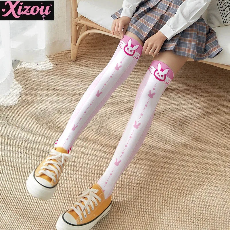 Soft cute girl kawaii print stockings thin female spring and autumn Japanese Lolita cute anime knee long tube white velvet sock