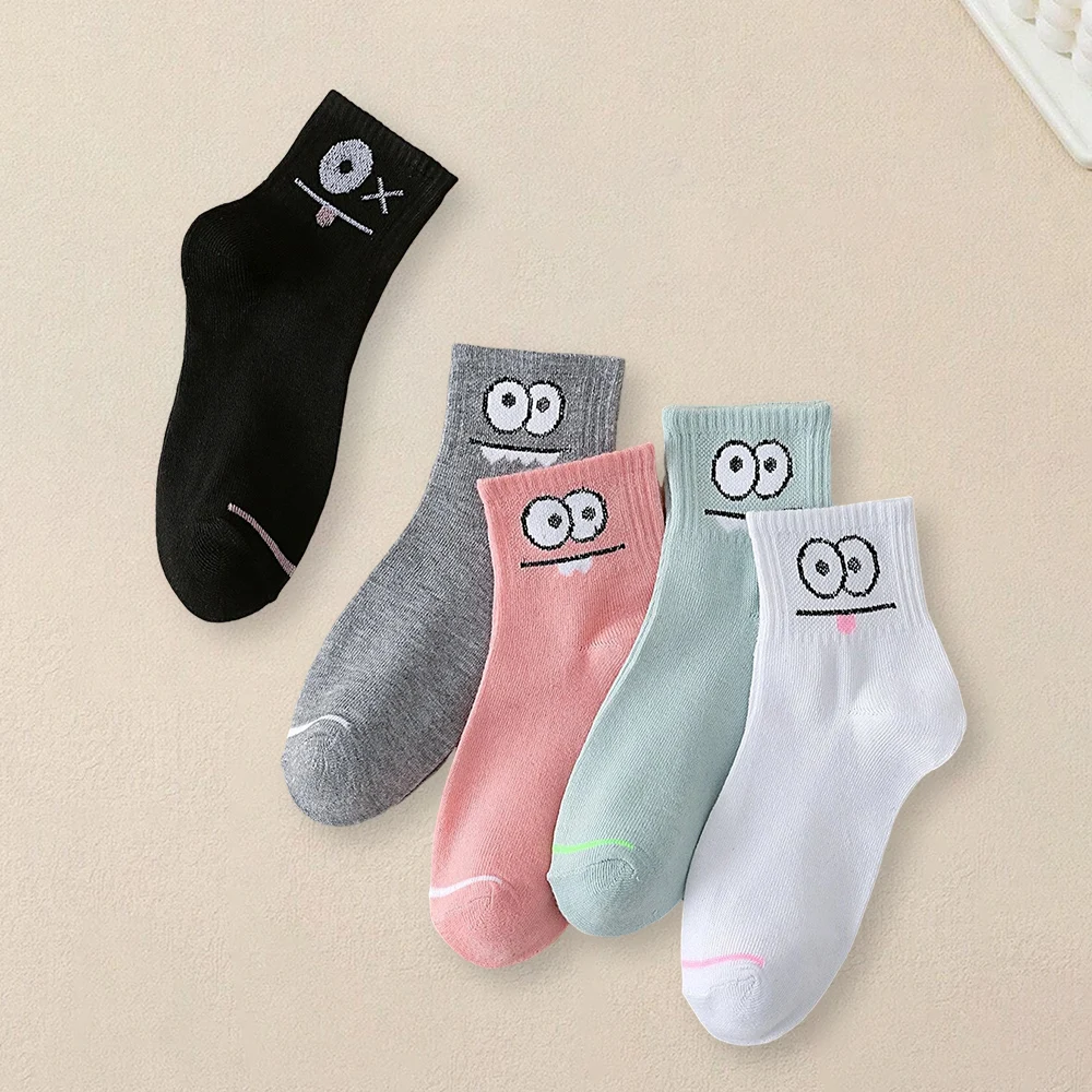 5 Pairs Women Cartoon Multi-color Eye Pattern Socks Fashionable Versatile Soft Socks Comfortable Lightweight Mid Length Socks