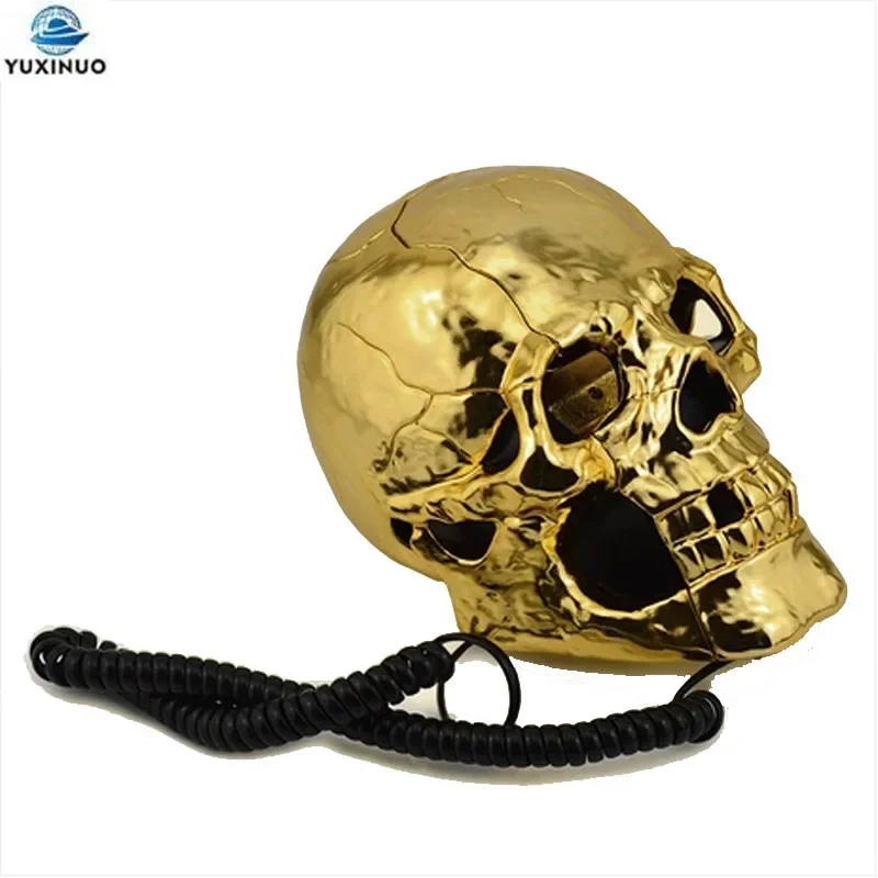 Cool Corded Phone Skull Head Ghost Telephone Golden Color, Eyes with LED Flashing Light, Audio Pulse Dialing Decoration for Home