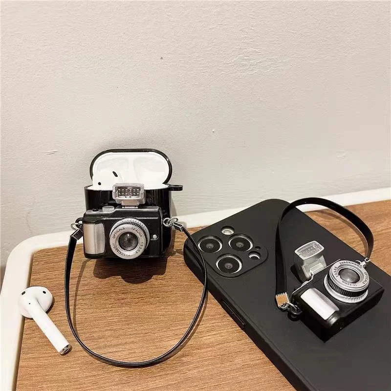 Camera Emulation Vintage Glowing Camera Model Wireless Bluetooth Headphone Cover with Lanyard For Apple Airpods Pro 1st 2nd gen