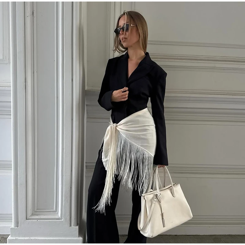 Fringe Wrap Skirt Solid Tie Waist Boho Style Elegant Women Fashion All-match Mini Skirts 2026 Party Chic Casual Vacation Outfit