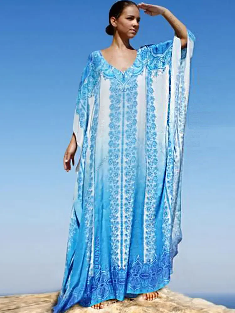 Blue Kaftan Causal Printed Sexy V Neck 2024 Summer Women Beach Wear Cotton Tunic Oversize Bat sleeve Maxi Dresses Q774