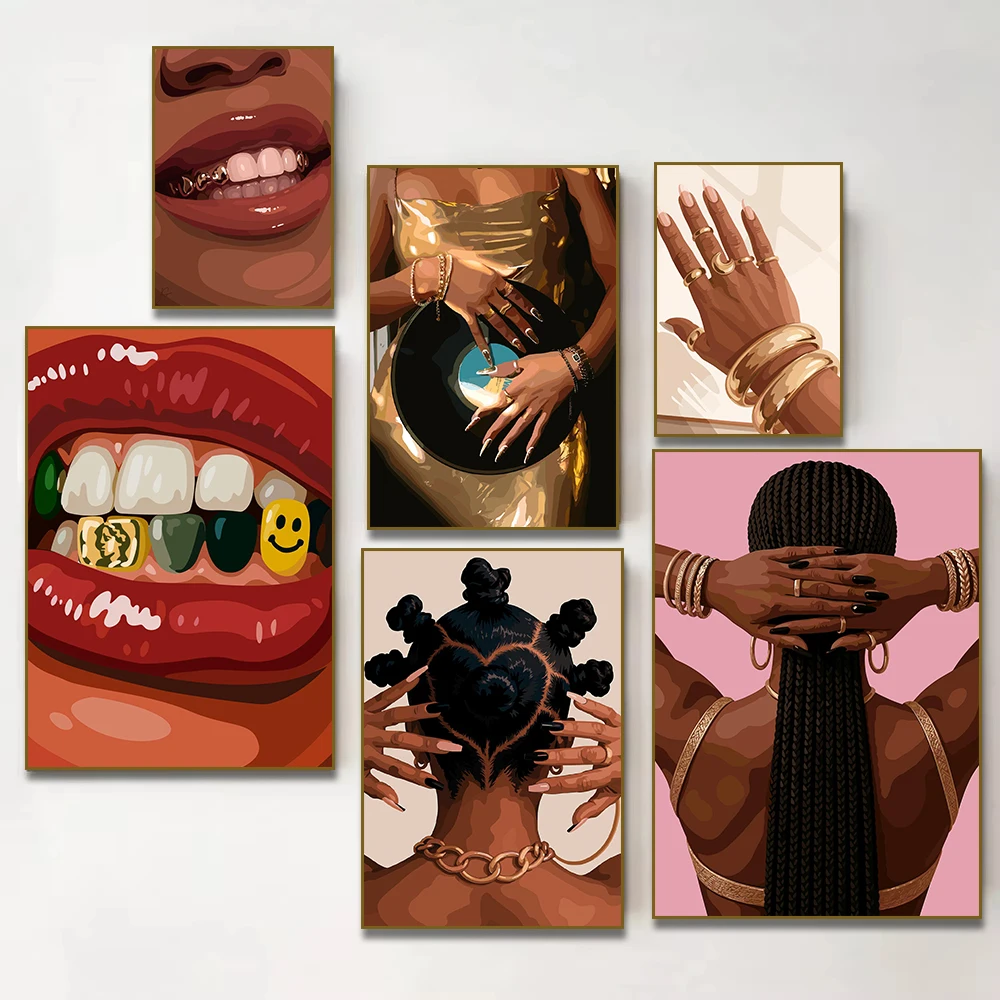 African Black Woman  Fashion Nail Lips Hairstyle Vinyl Record Poster Luxury Canvas Painting Print Wall Picture Room Home Decor