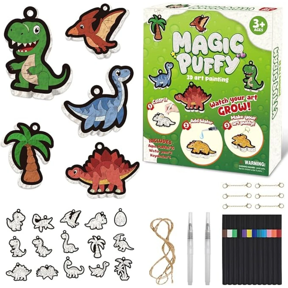 37Pcs Princess Dinosaur 3D Foam Painting Kit, textured magic paint DIY craft set, clean kids art toy gift for girls 6-10
