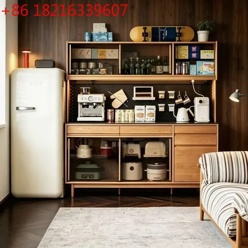 YAOSolid Wood Dining Side Cabinet with Rock Slab Top Wall Mounted Tea Coffee Storage Unit Upper and Lower Cupboard for Living