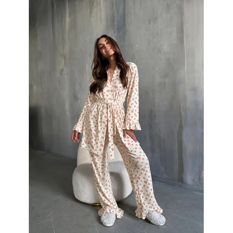 Women'S Pajama Set, Ribbed, Floral Print, Ruffled Trim, Long Sleeve Robe And Long Pants, All-Season Home Wear