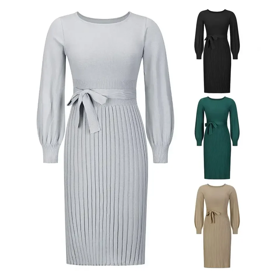 

Female Elegance Knitted Dress Fashion Long Sleeves O-neck Lace-up Midi Dresses Autumn Winter Lady Beautiful Solid Color Vestidos