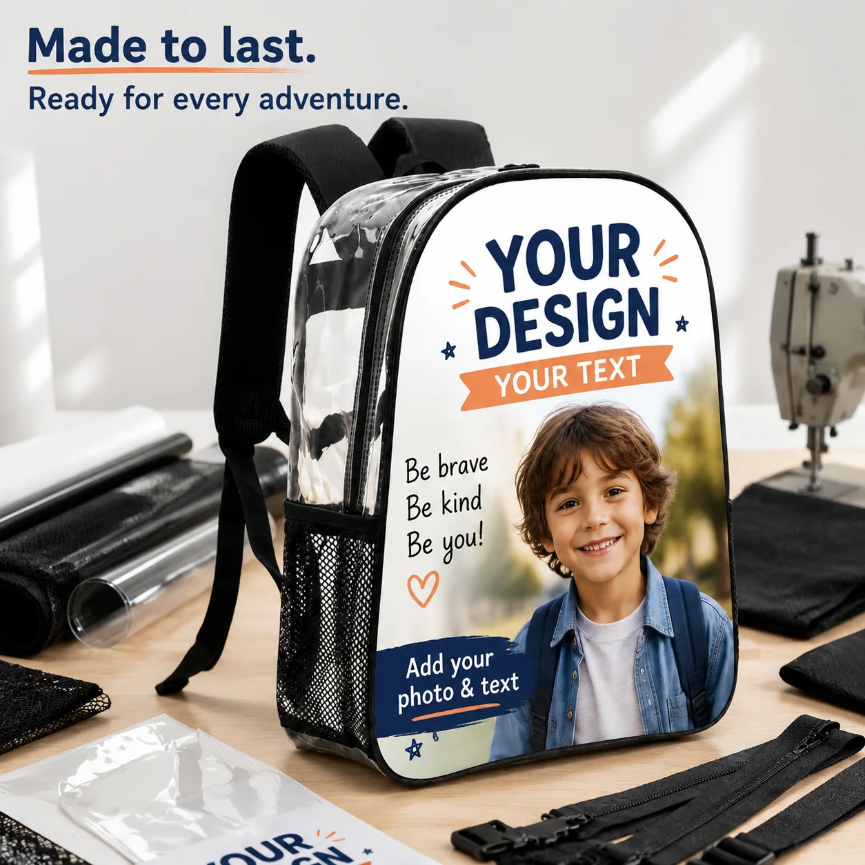 Custom Print Clear PVC Transparent Backpack Stadium Approved Waterproof School Bag Mesh Pocket Casual Travel Knapsack