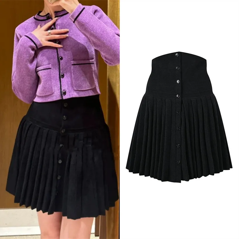 

High-End Faion Semi-Long Skirt Ele Bla Pleated ort Skirt Single Row Button Versatile All-Season Women's Premium Skirt