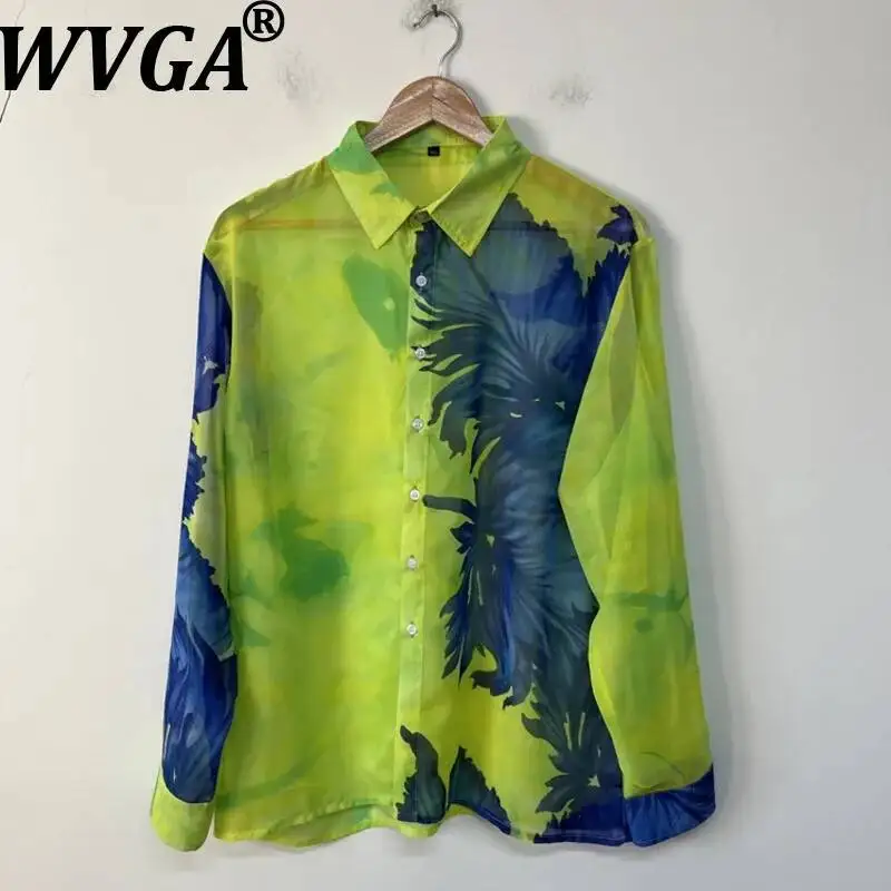 

WVGA Spring Summer New Men Contrast Color Trendy Semi-Transparent Trendy Design Turn-Down Collar Shirt Casual Top Ins Y2K W15780