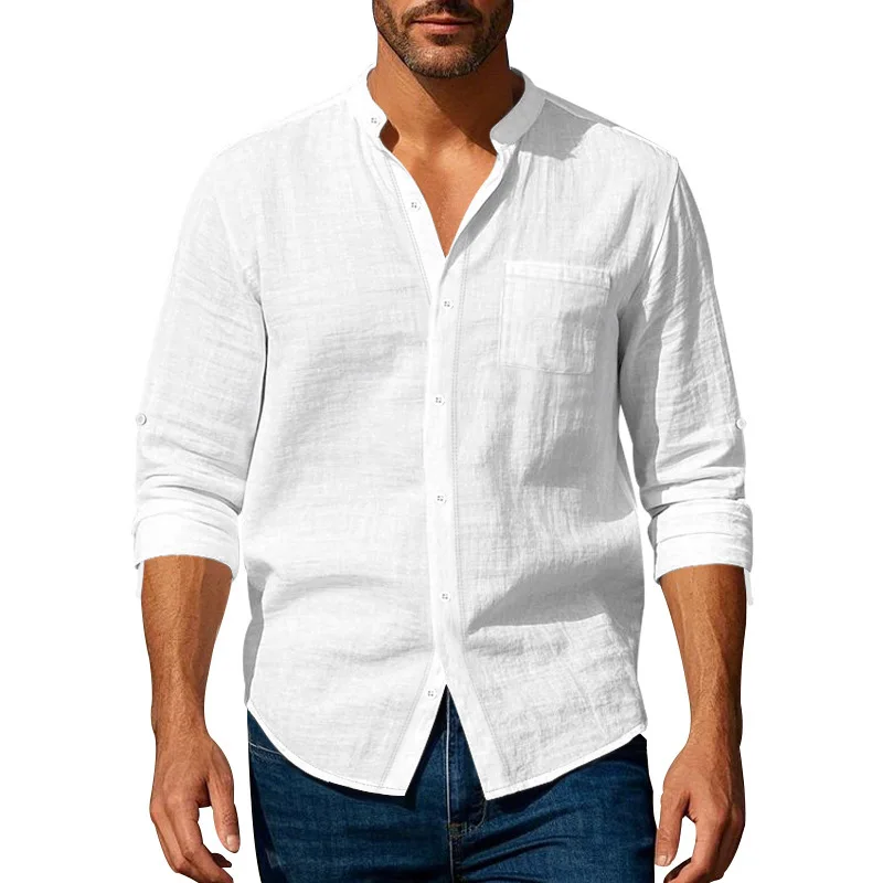 KIDWHXR Man T-shirt Spring Thin Cotton Linen Breathable Round Neck Male Top Single-breasted Long Sleeve Lightweight Men Shirt