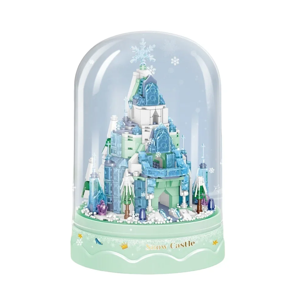 Music Snow Castle Mini Block Toy Simulates Flying Snow Scene DIY Acrylic Dust Cover Contains Fan and Music Perfect Birthday Gift