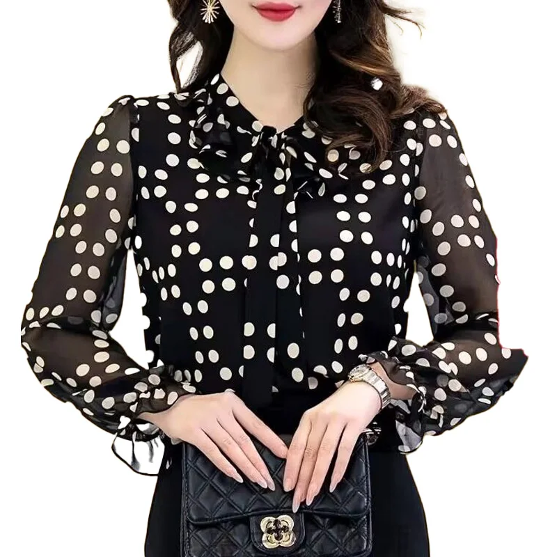 2023 New Spring and Summer Fashion Trend Commuting Simple and Elegant Style Spliced Ruffle Collar Lace Up Dotted Women\'s Shirt