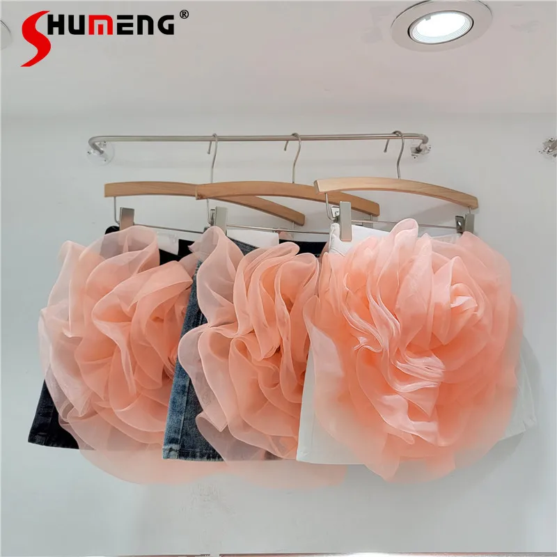 

Hot Girl Three-Dimensional Flower Stitching Mini Denim Skirt Female 2024 Summer New Sexy Slim Fit Short Hip-Wrapped Jean Skirt