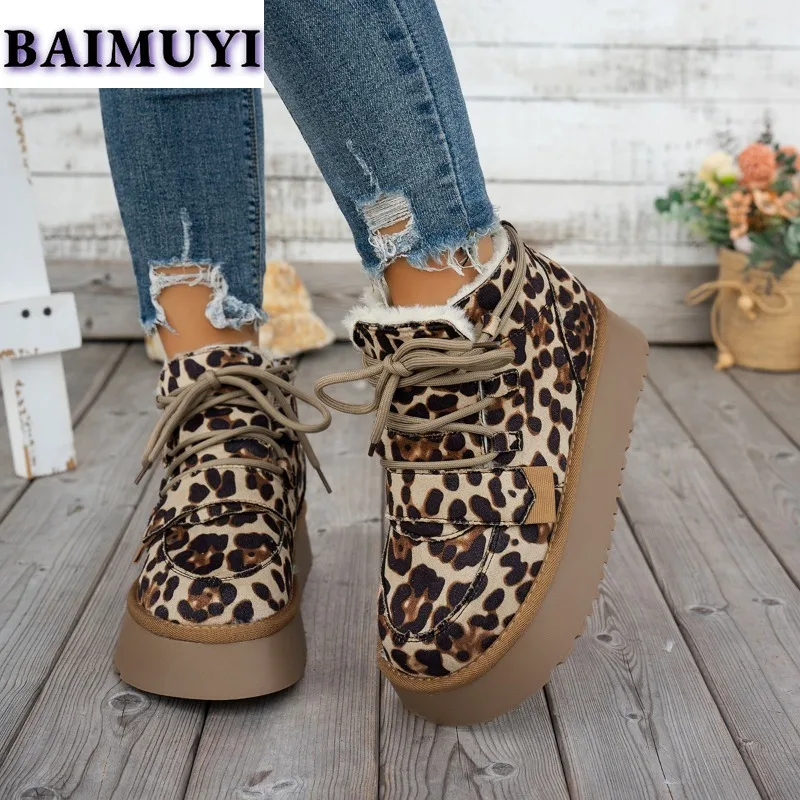 Leopard Women Platform Flats Snow Ankle Boots Suede Warm Shoes Winter 2025 New Short Plush Chelsea Boots Casual Sport Booties