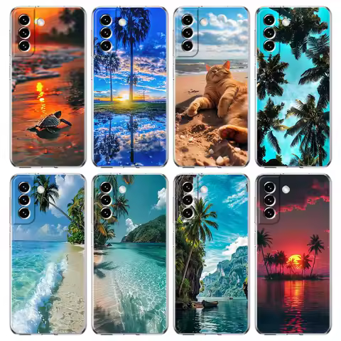 Phone Case For Samsung Galaxy S24 Plus S23 FE S22 S21 S20 Ultra 5G S10 S10E S9 S8 Summer Beach Scene at Sunset on sea Palm Tree