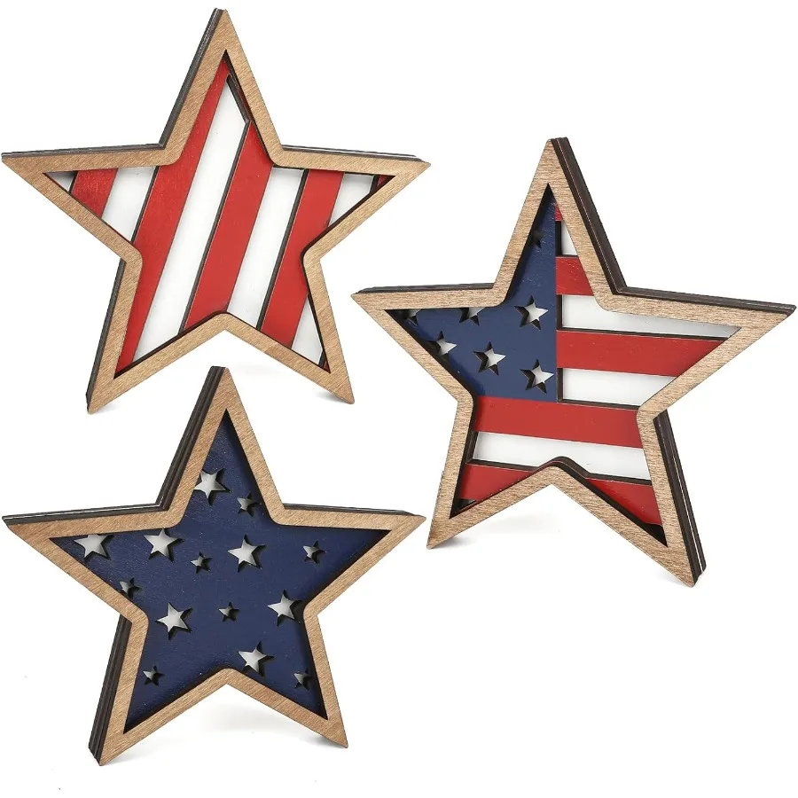 COCHIE 4th of July زينة خشبية لليوم الذكرى الوطني مجموعة ديكور صينية متدرجة مكونة من 3 رابع من يوليو ديكورا أحمر وأبيض وأزرق