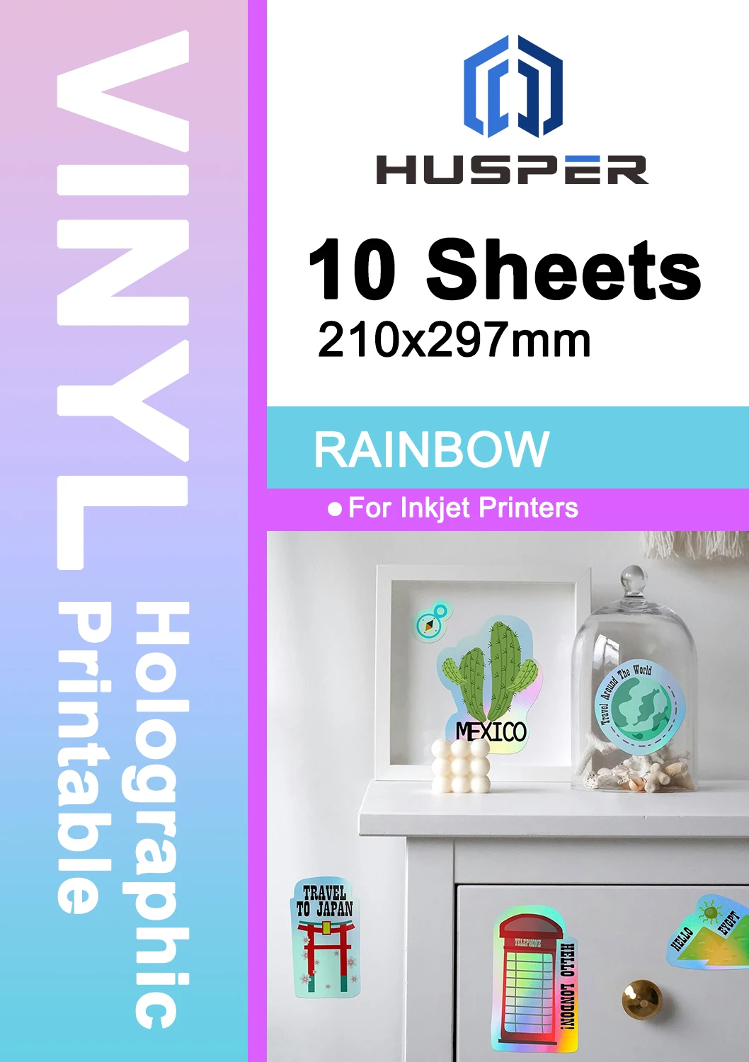 A4 Holographic Printable Vinyl Sticker Paper 8.3x11.7in Quick Dry Waterproof Inkjet/Laser Compatible Rainbow Finish