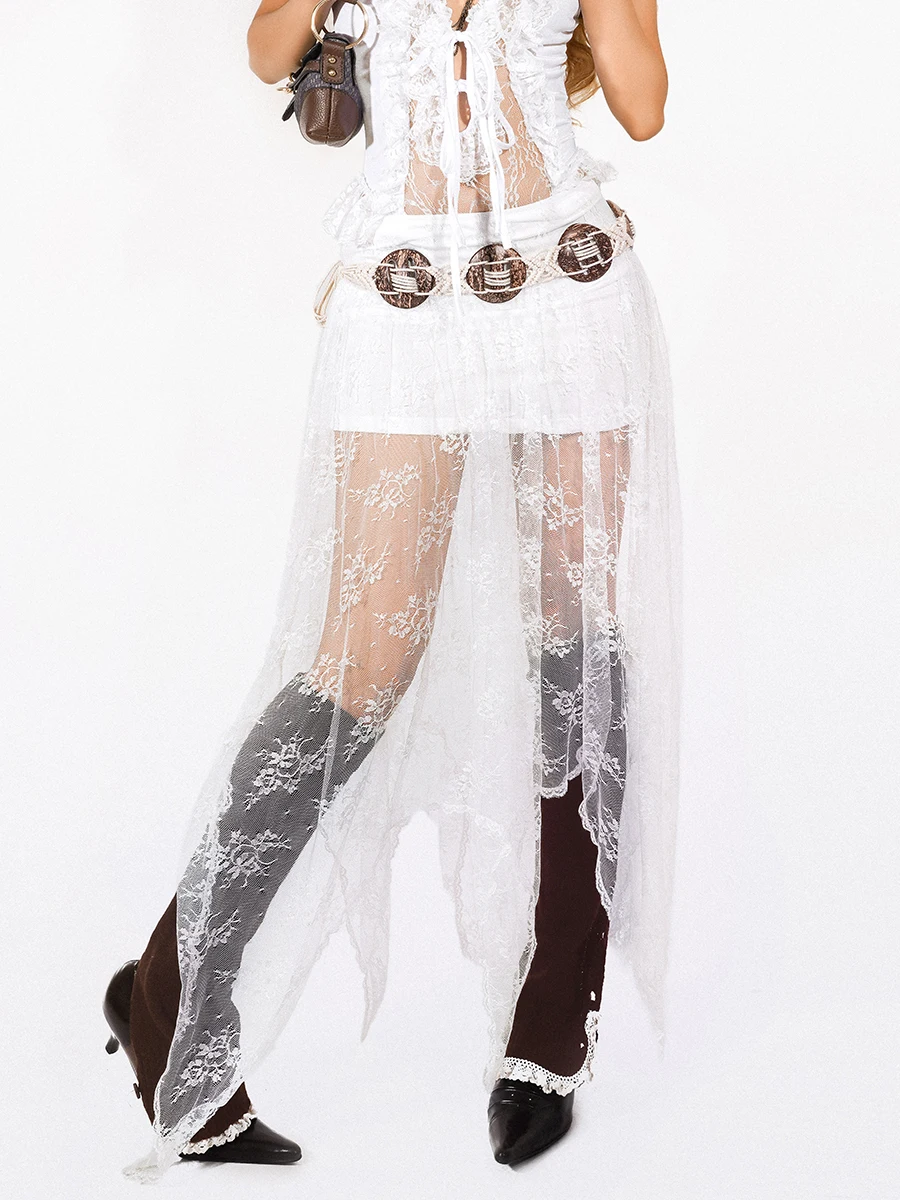 

Американская ретро-юбка А-силуэта с асимметричным подолом, женская летняя многослойная кружевная юбка с высокой талией, уличный стиль, с вырезами