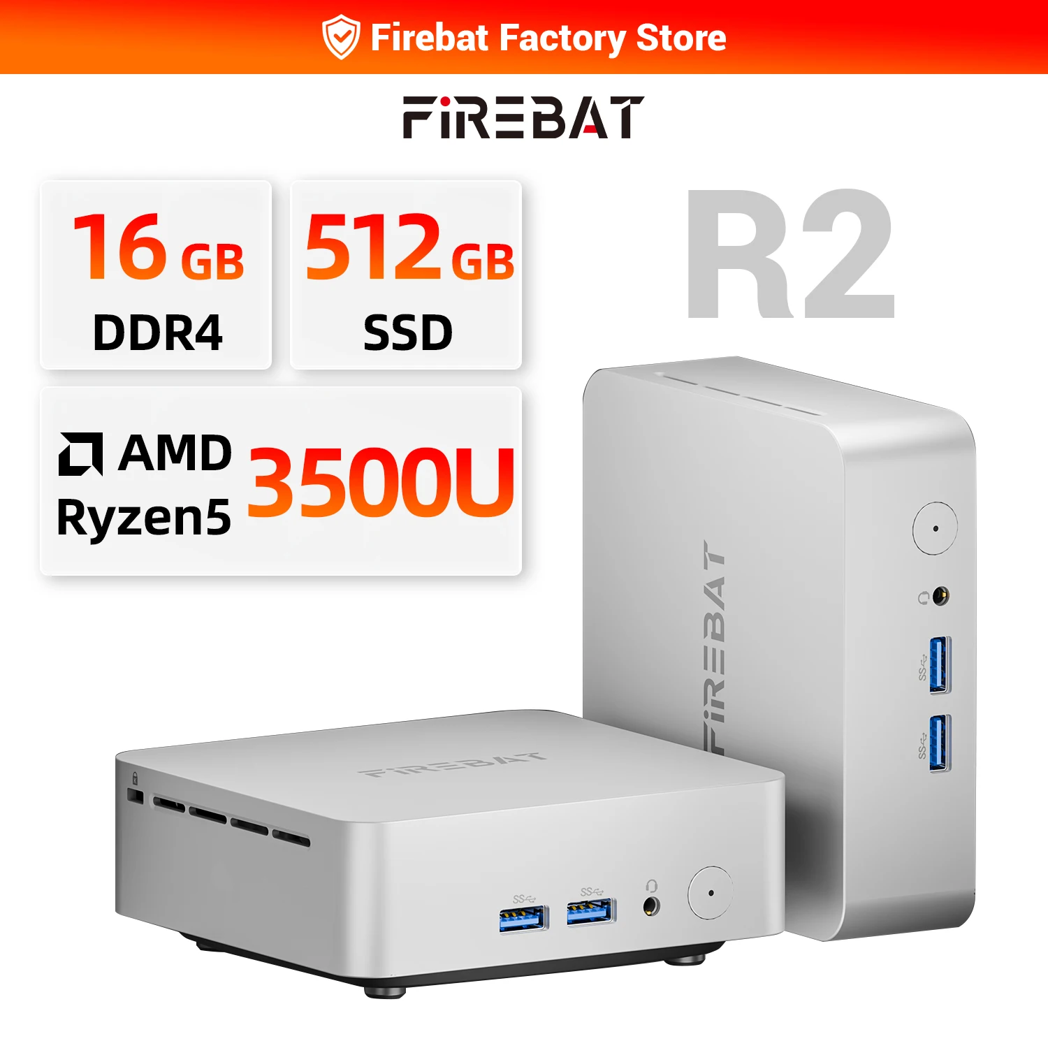 FIREBAT R2 Mini-PC AMD Ryzen 5 3500U (Beats N150/N97) 16 GB RAM 512 GB SSD Desktop-Mini-Computer WIFI5 BT5.2 Dual-4K-Display