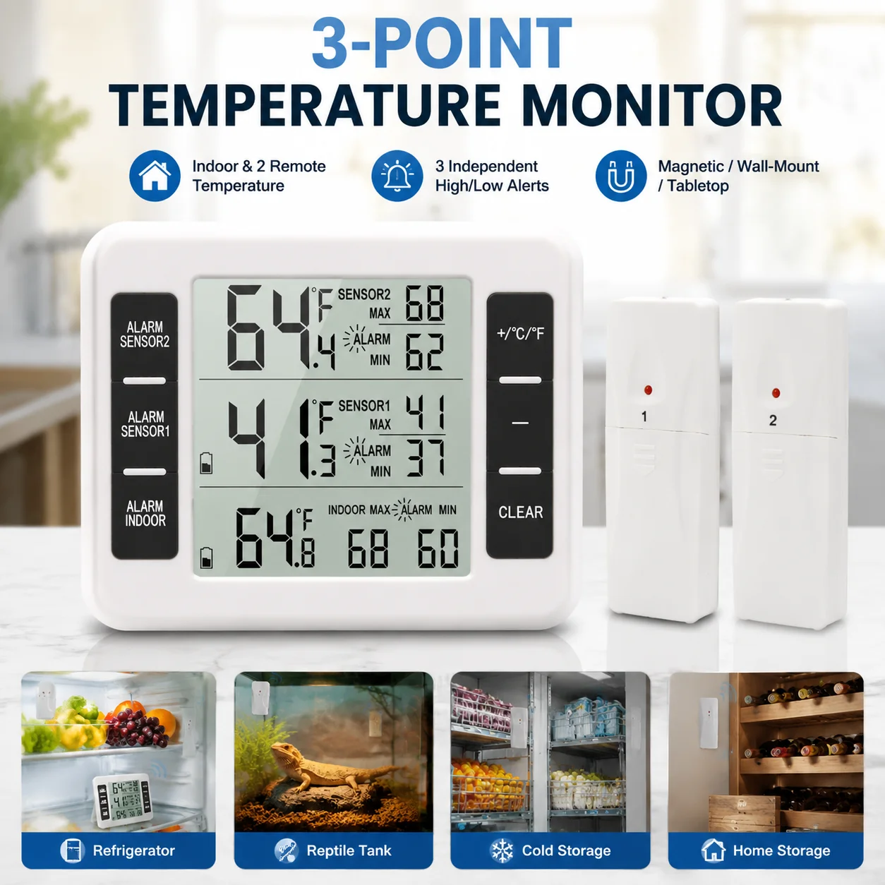 Wireless Digital Audible Alarm Refrigerator Thermometer with 2PCS Sensor Min/Maximum Display Wireless Therometer