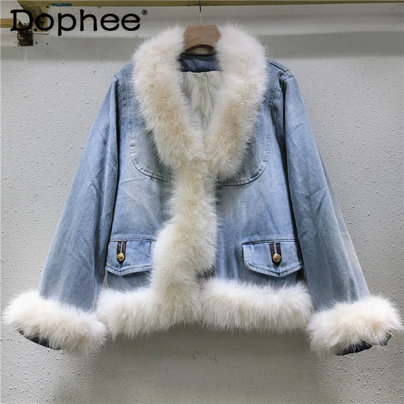 

2024 Winter New Fox Fur Splicing Denim White Duck Down Fashionable Versatile Down Jacket Vintage Loose V Neck Denim Jacket