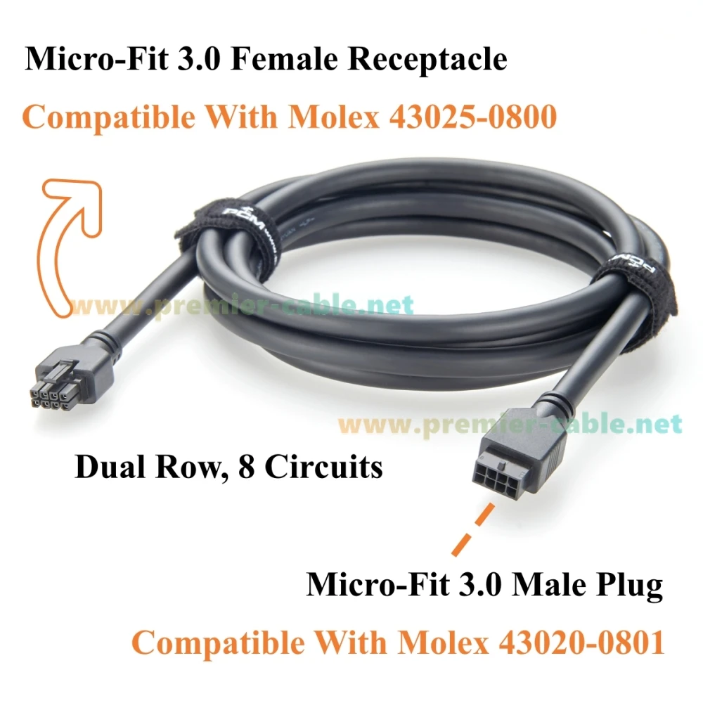 Micro-Fit 3.0 8Pin Male to Female Cable 8 Circuits Dual Row Power and Signal Cable Compatible Molex 430200801 to 430250800