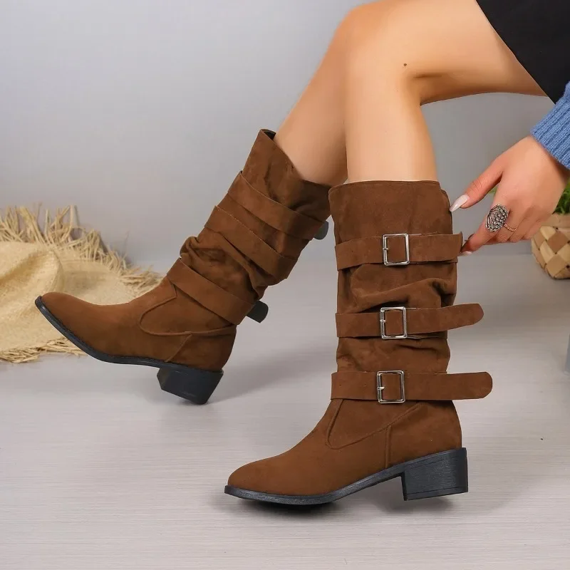 

Autumn and winter fashionable women's boots, new round toe versatile street low thick heel oversized women's chimney boots