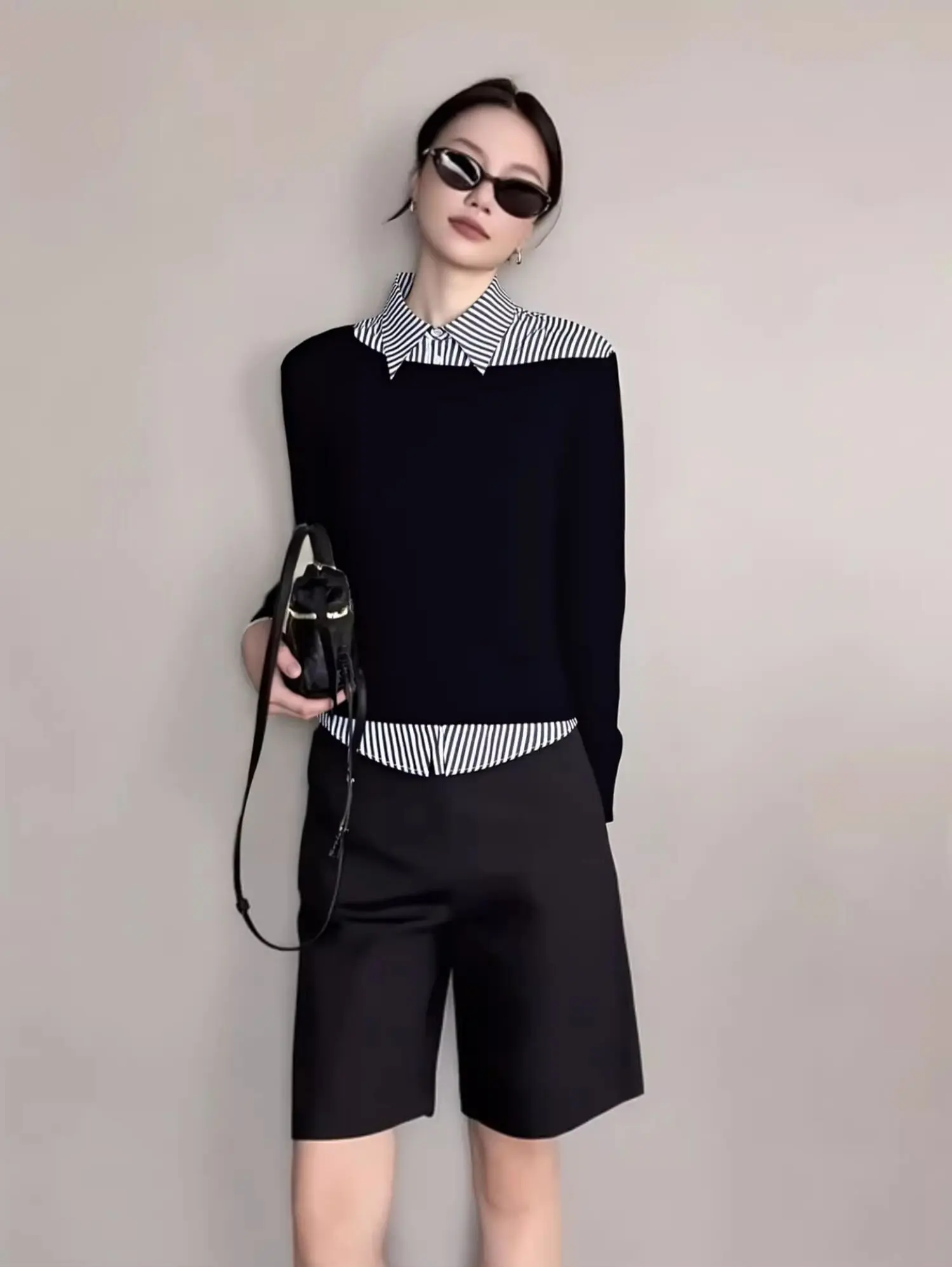 

Bla Stripe Splicing Long Sve Sweatirt Women's Faionable Versatile Autumn Winter Casual Sle One-Piece Design