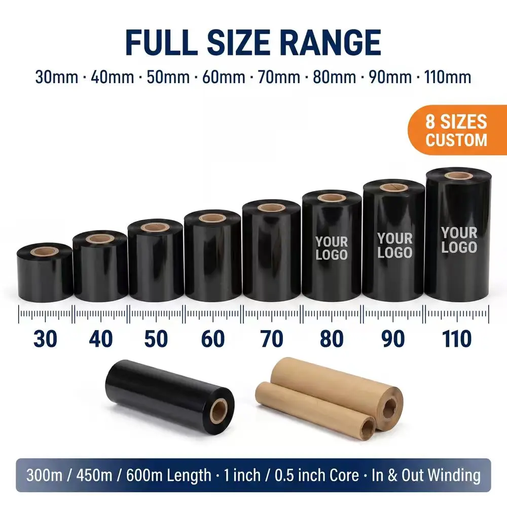 110MM*300M Compatible Wax Resin Thermal Transfer Ribbon for PCB Electronics Labels Custom Roll Size Logo Printing Consumables