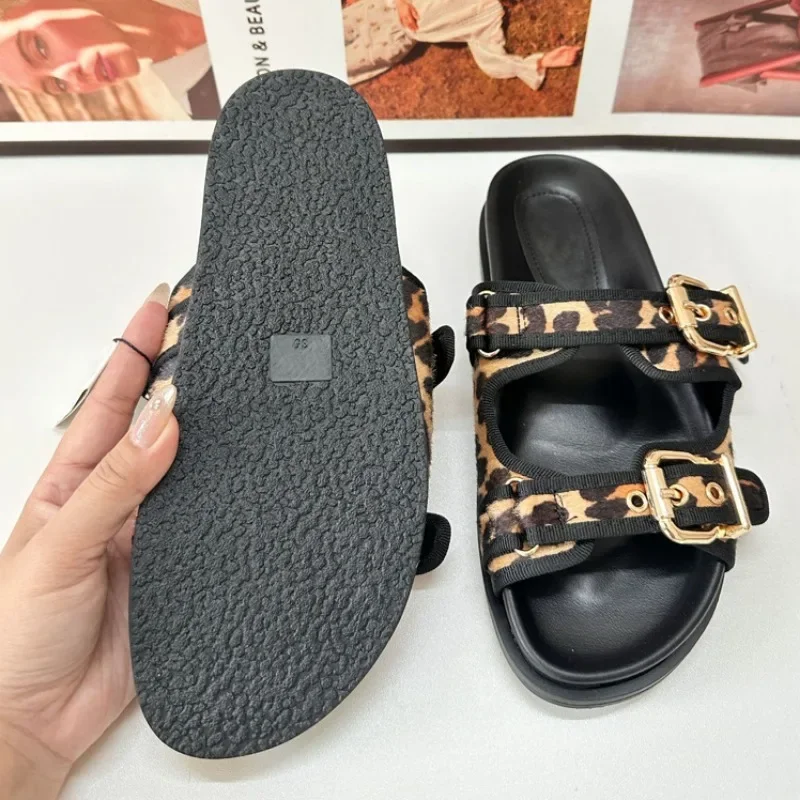 Leopard Print Platform Women\'s Slippers Outdoor Casual Flat Heel Beach Shoes Chic Metal Buckle Soft Sole Casual Lady Flip Flops