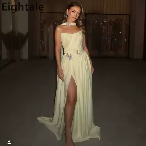 Eightale 2025 Yellow Chiffon Strapless A Line Evening Dress With Wrap Saudi Arabic Slit Prom Party Dress Formal Gowns Customized
