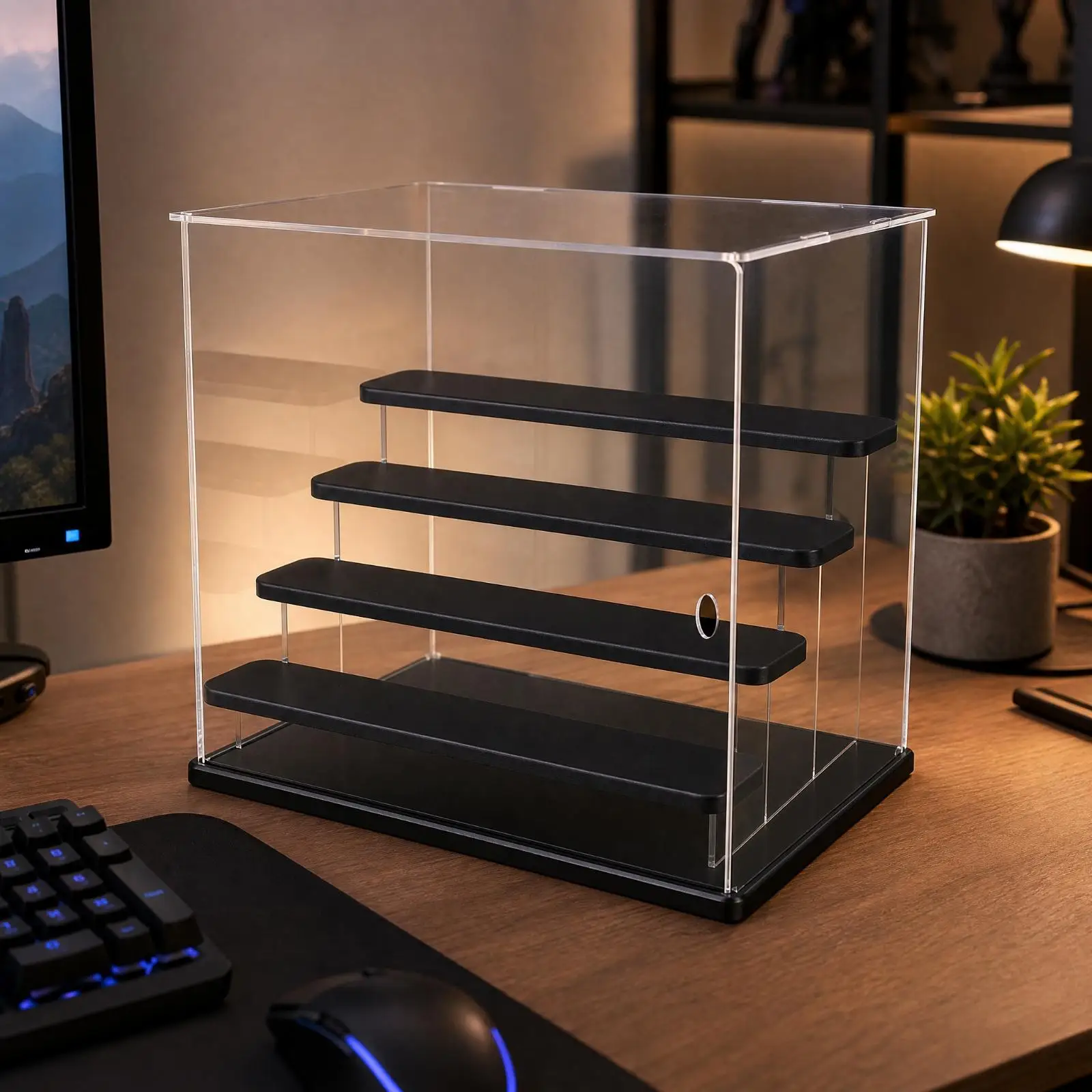 Clear Acrylic Display Case for Figurine Collection with Foldable Design Black Base Dustproof Tabletop Showcase Organizer