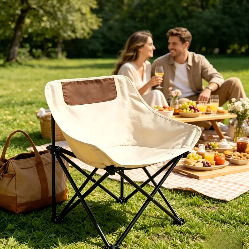 Beige Ultra Light Camping Chair, Foldable Portable Outdoor Furniture, Waterproof Seat with Carry Bag for Picnic Fishing Trips